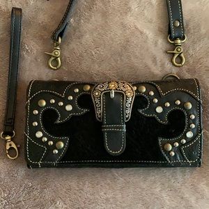 American West black leather tooled wallet/crossbody
